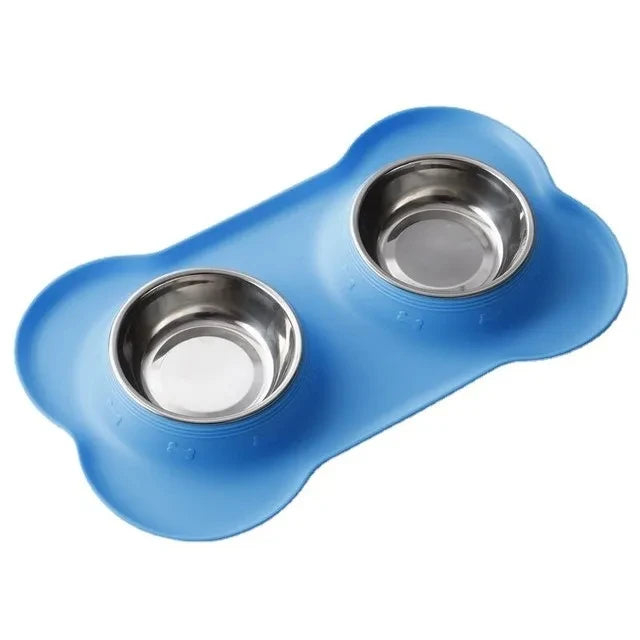 Anti-slip Stainless Steel Double Dog/Cat Bowl With Silicone Mat