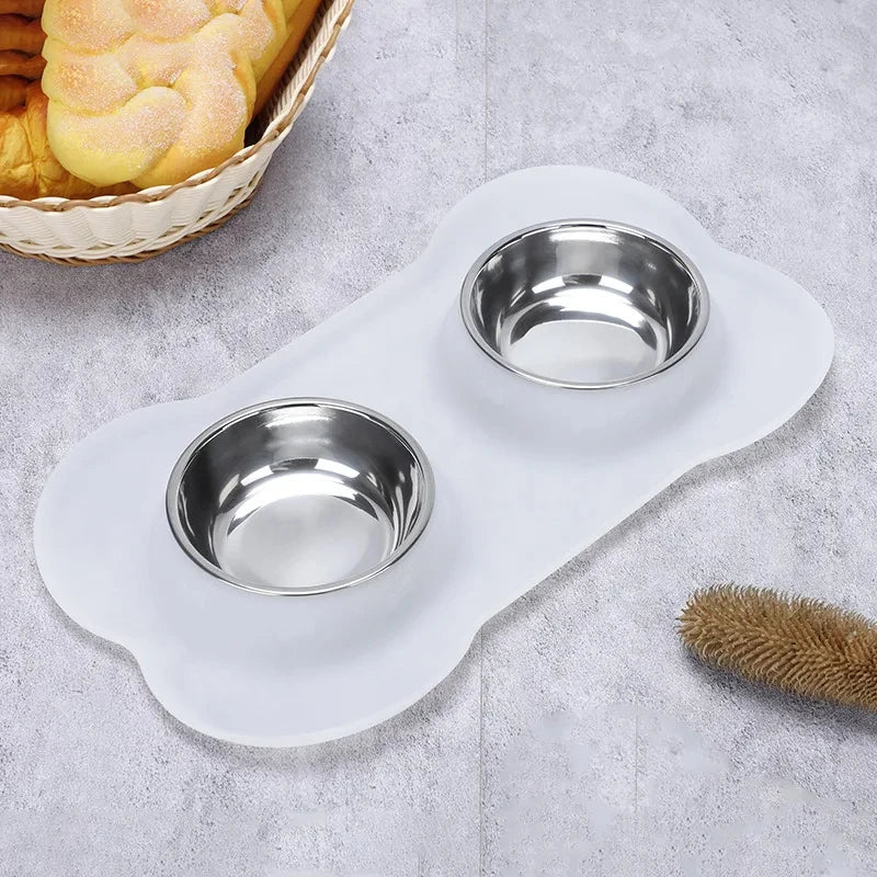 Anti-slip Stainless Steel Double Dog/Cat Bowl With Silicone Mat
