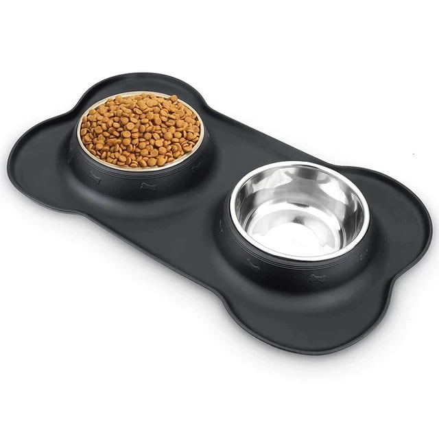 Anti-slip Stainless Steel Double Dog/Cat Bowl With Silicone Mat