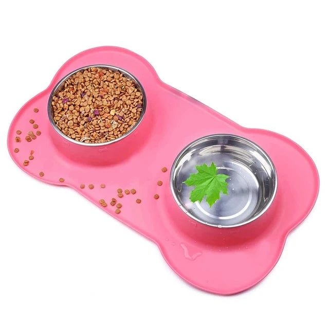 Anti-slip Stainless Steel Double Dog/Cat Bowl With Silicone Mat