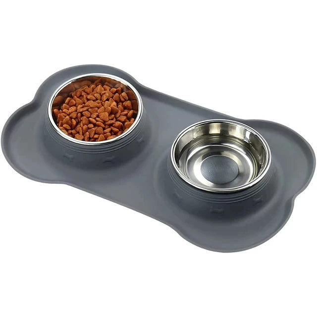 Anti-slip Stainless Steel Double Dog/Cat Bowl With Silicone Mat