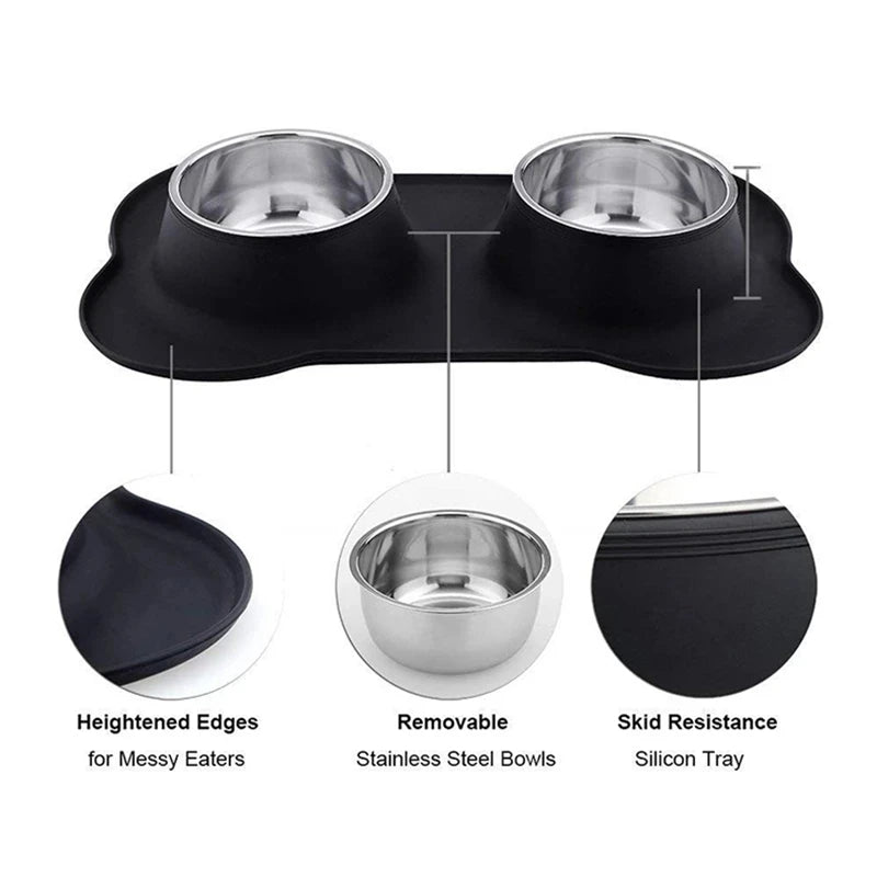 Anti-slip Stainless Steel Double Dog/Cat Bowl With Silicone Mat