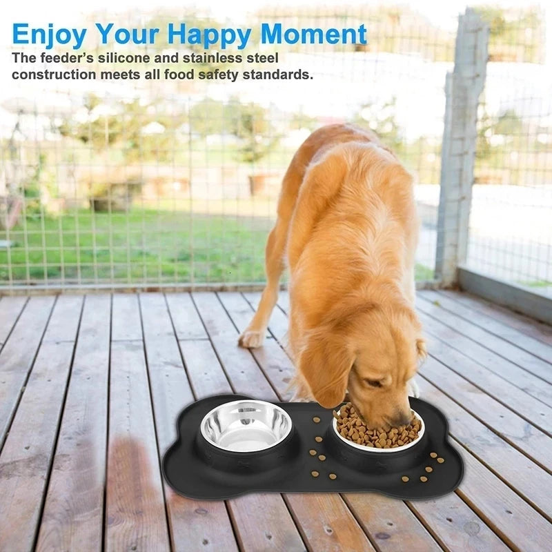 Anti-slip Stainless Steel Double Dog/Cat Bowl With Silicone Mat
