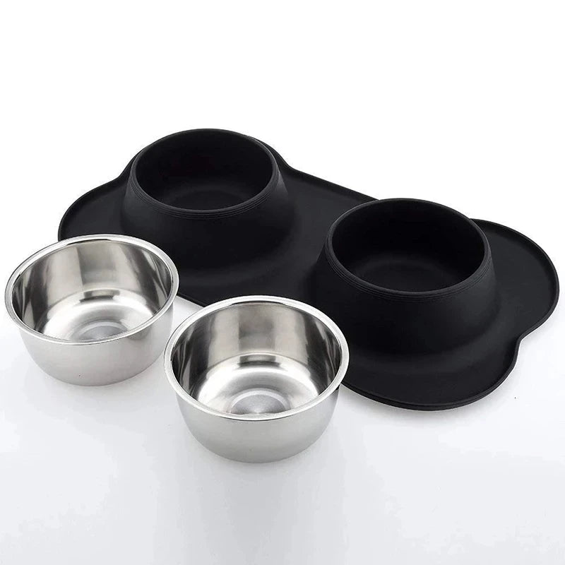 Anti-slip Stainless Steel Double Dog/Cat Bowl With Silicone Mat